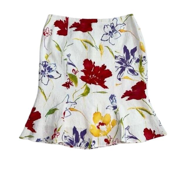 David Meister Fluted Embossed Cotton Skirt Floral Red Yellow Poppies Size 14 - Picture 1 of 10